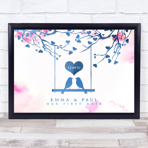 Love Birds Special Date Watercolour Pink Blossom Personalized Gift Print