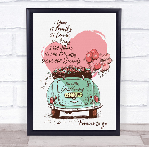 Mint Car With Balloons Any Year Anniversary Date Personalized Gift Print