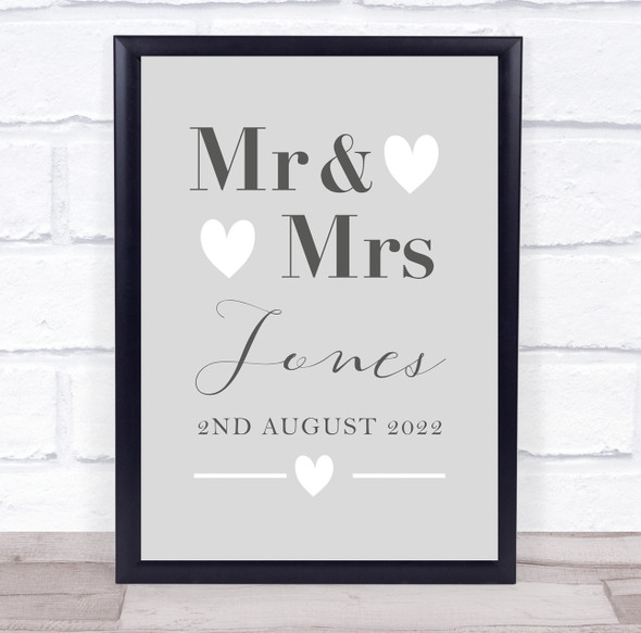 Mr & Mrs Typographic Grey White Heart Wedding Name Personalized Gift Print