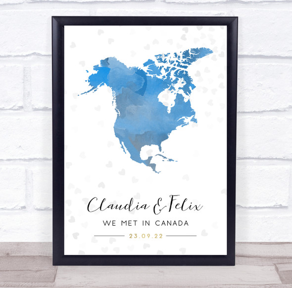 North America Any Date Watercolour Blue Grey Hearts Personalized Gift Print