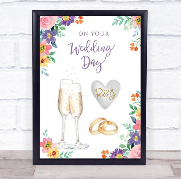 On your Wedding Day Flowers Floral Flutes Rings Married Personalized Gift Print