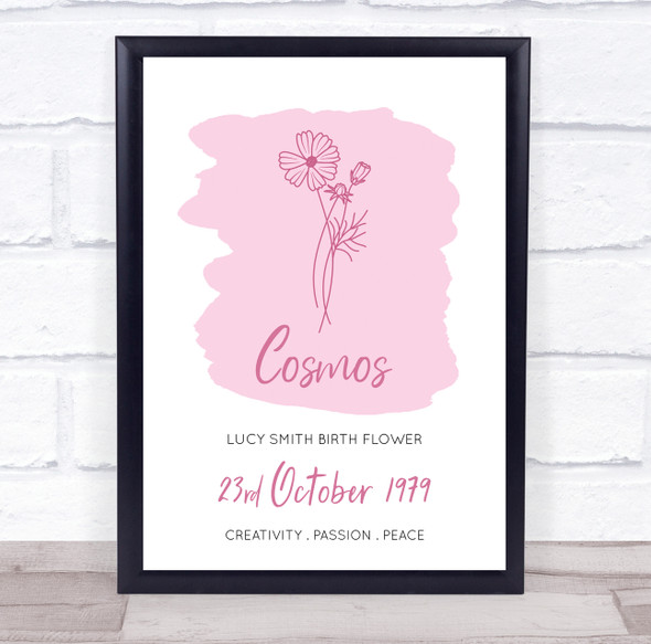 Pink Cosmos October Flower Birthday Meaning Line Art Wash Personalized Print