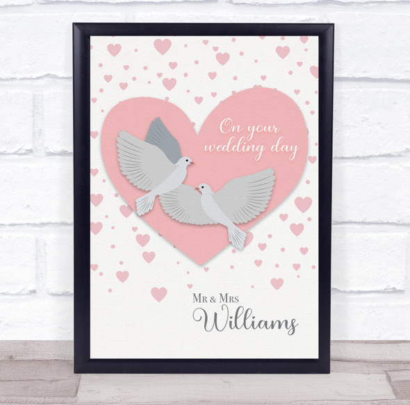 Pink Hearts Wedding Day Doves Mr & Mrs Name Personalized Gift Print
