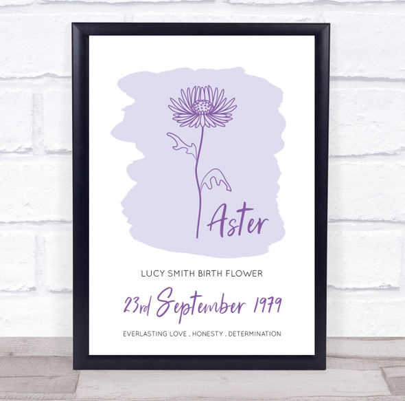 Purple Wash Aster September Flower Birthday Meaning Love Personalized Gift Print