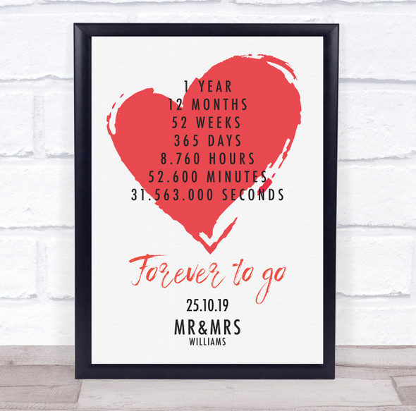 Red Heart Any Year Anniversary Wedding 1 Year Date Personalized Gift Print