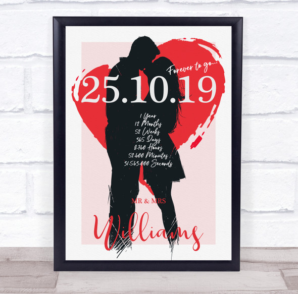 Red Heart Kissing Couple Any Year Anniversary Date Personalized Gift Print