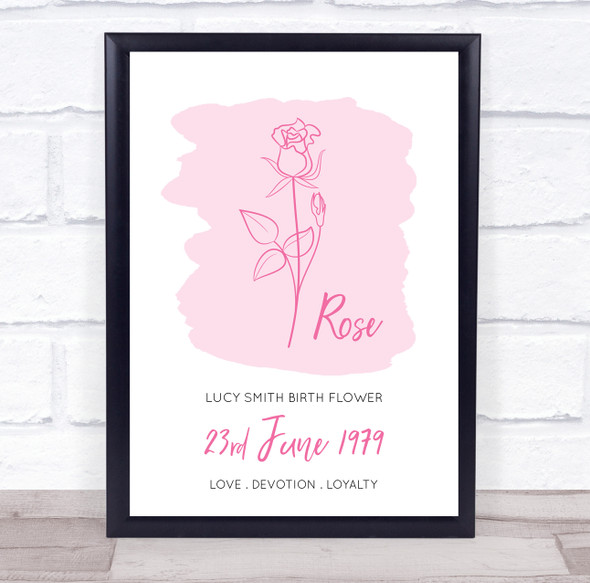 Rose June Flower Month Birthday Line Art Wash Personalized Gift Print