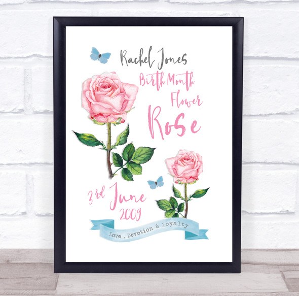 Summer Pink Rose June Birthday Month Flower Watercolour Personalized Gift Print