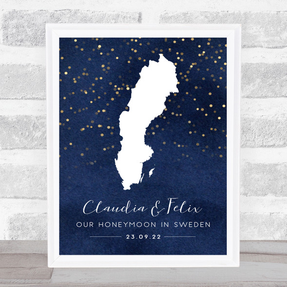 Sweden Special Date Midnight Watercolour Sparkles Personalized Gift Print