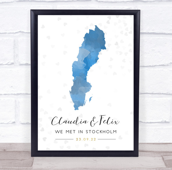 Sweden Special Date Watercolour Blue Grey Hearts Personalized Gift Print