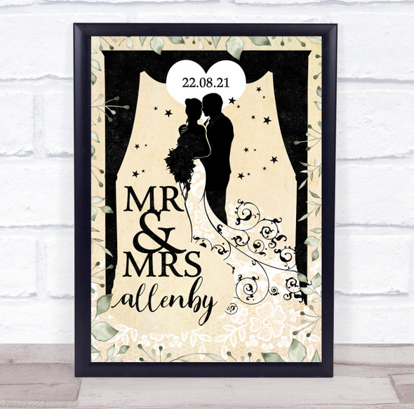 Theatrical Wedding Name Date Gatsby Vintage Foliage Personalized Gift Print