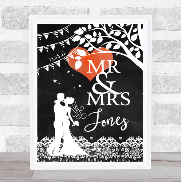 Wedding Bride Groom Name Date Red Heart Chalk Effect Personalized Gift Print