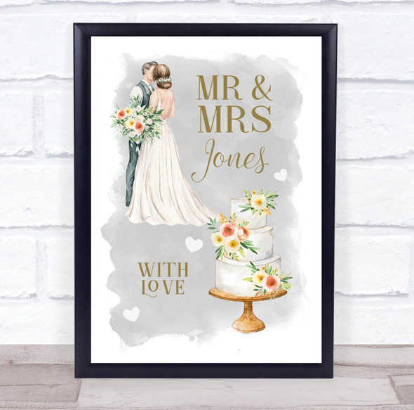 Wedding Day Painted Couple Cake Married Grey Wash Personalized Gift Print