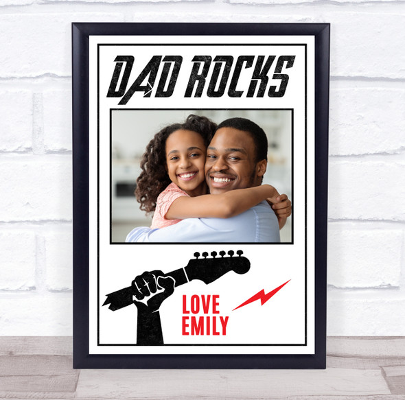 Dad Rocks Daddy Guitar Photo White Red Personalized Gift Print