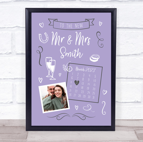 To the New Mr & Mrs Wedding Date Doodle Photo Purple Personalized Gift Print