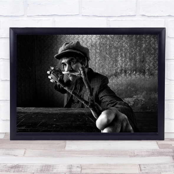 Humour Humour Time Man Hat Hair Eyes Black White Sling Slingshot Shot Hard Print
