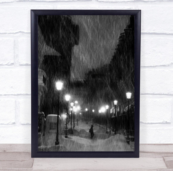 Black & White Snow Snowing Snowfall Winter Cold Lamps Street Lights Person Print