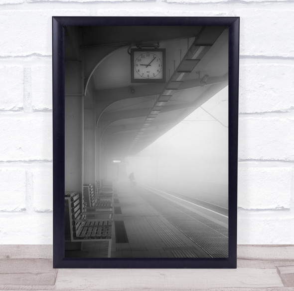Fog Mist Haze Time Clock Watch Street Black & White Bench Benches Platform Print