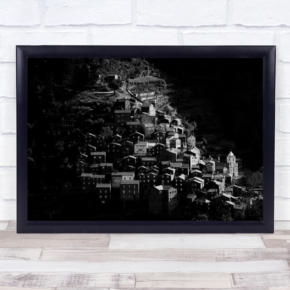 Landscape Village Portugal Architecture Houses Black & White Mountain Dark Print