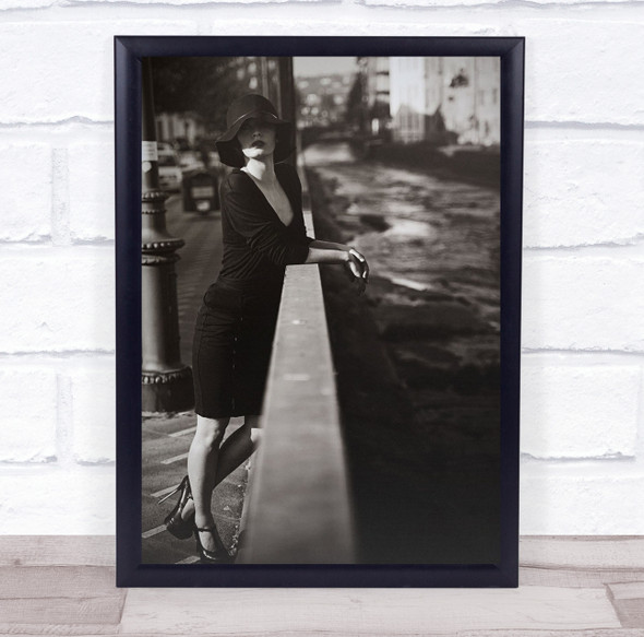 Vintage Classic Retro Hat River Bridge Street Portrait Woman Black & White Print