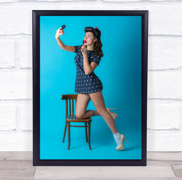 Pop Art Blue Dots Polka High Heels Shoes Chair Woman Retro selfie Wall Art Print