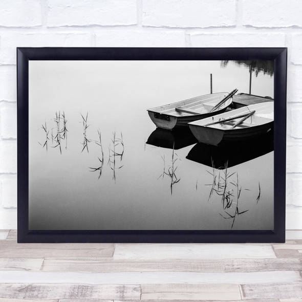 Boat Boats Still Calm Serene Reed Rowboat Rowboats Lake Black White Water Print
