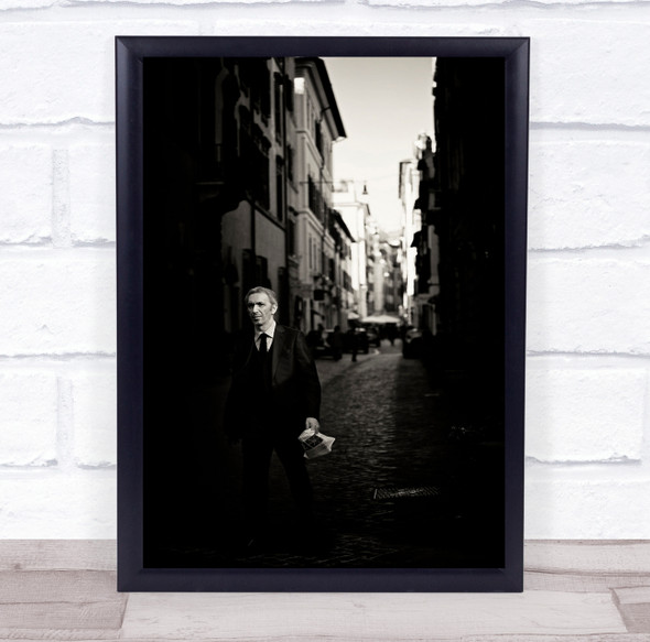 Dark Low Key Low-Key Walk Walking Street Alley Man Suit Paper Black White Print