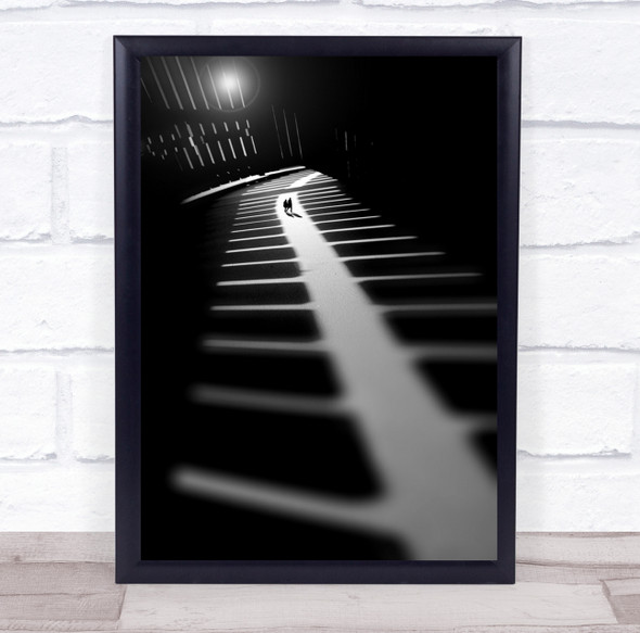 Shadow Light Figures Small Tiny People Black White Night Fence Two People Print