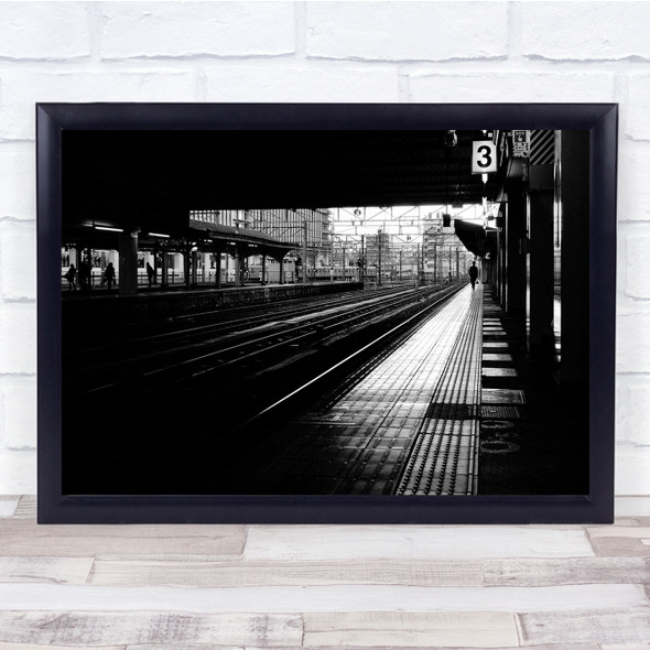Black & White Monochrome Silhouette Station Train Railway Railroad Tracks Print