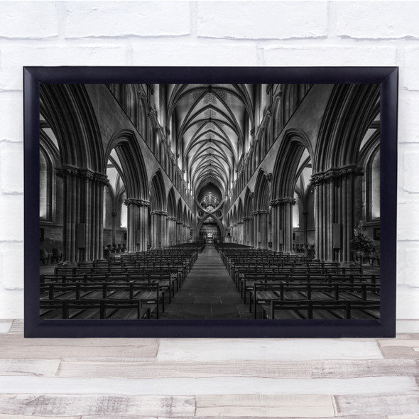 Cathedral Gothic England Nave Architecture Black & White Church Christian Print