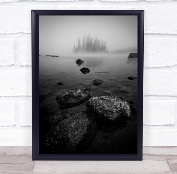 Foggy Lake Rocks Tree Water Islet Island Fog Mist Haze Rock Black & White Print