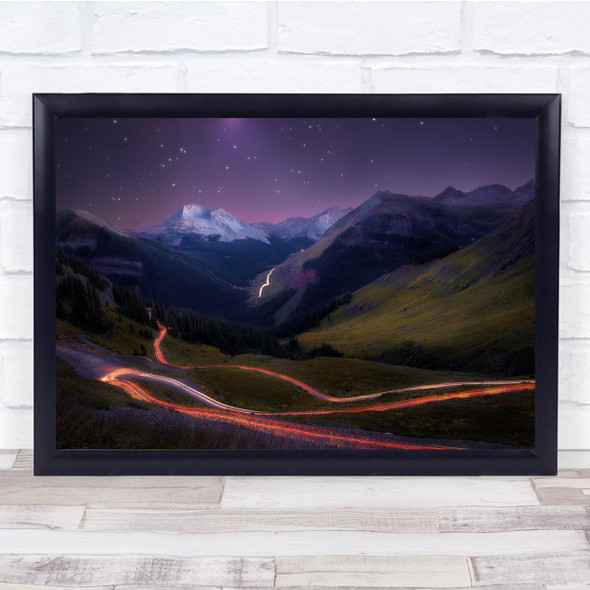 Night Landscape Purple Red Light Taillight Mountain Road Traffic Wall Art Print