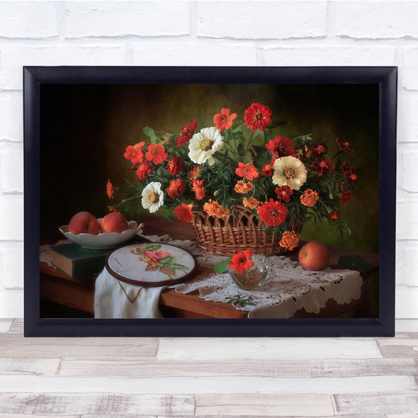 Still Life Still-Life Flower Still-life Red Flowers Fruit Basket Wall Art Print