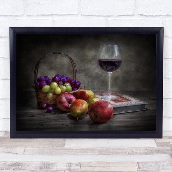 Wicker Basket Grapes Pears Apples Wine Book Painting Glass Fruit Wall Art Print
