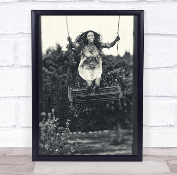 Girl Model Woman Portrait Action Black & White Swing Swinging Smile Glad Print