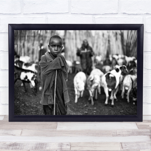 Stick Cane Shepherd Black & White Documentary Livestock Cattle Bokeh Boy Print