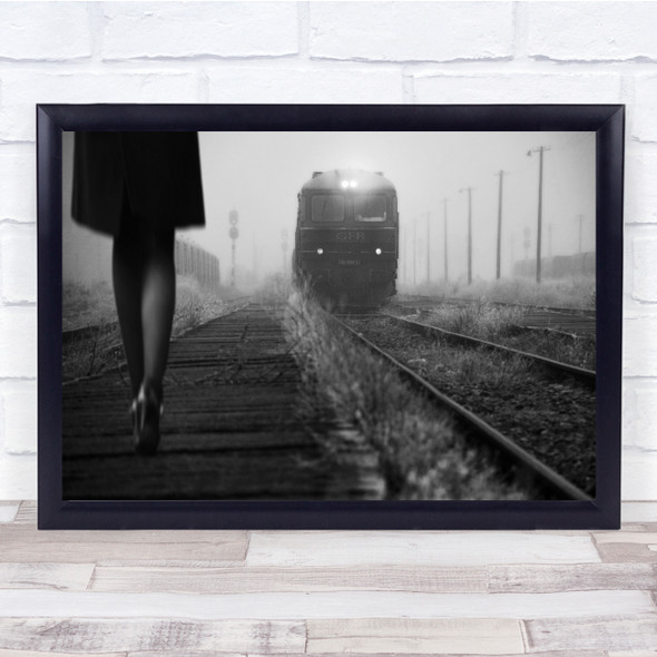 Train Railway Railroad Tracks Black & White Woman Walk Walking Passenger Print