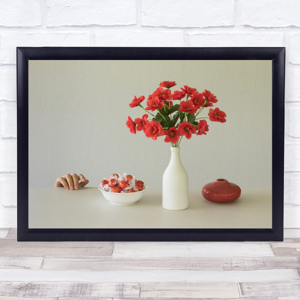 Flowers Red Vase Chocolates Bowl Hand Fingers Reaching Sneaking Wall Art Print