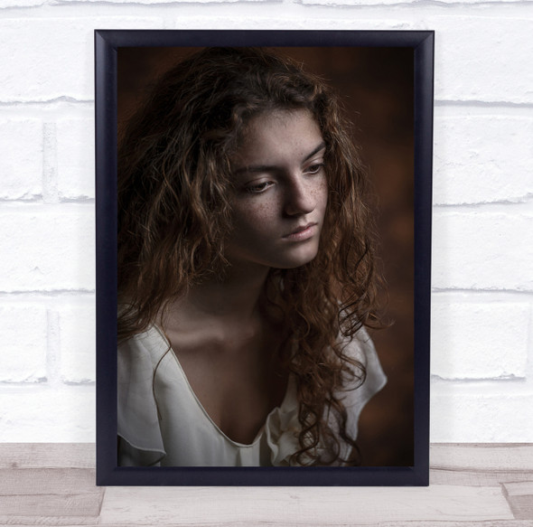 Portrait Girl Emotion Brown Studio Indoor Classic Freckles Mood Wall Art Print