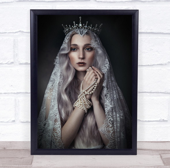 Princess Queen Pearls Crown Veil Lace Portrait Girl Model Woman Wall Art Print