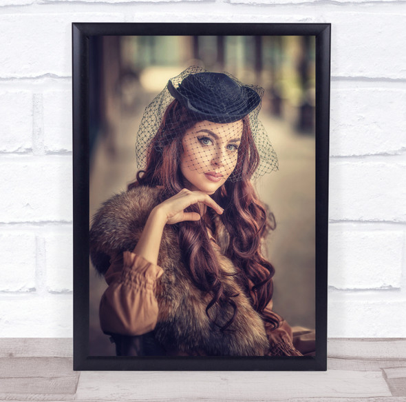 Retro Portrait Hat Beauty Vintage Net Hair Curly Curls Curl Fur Wall Art Print