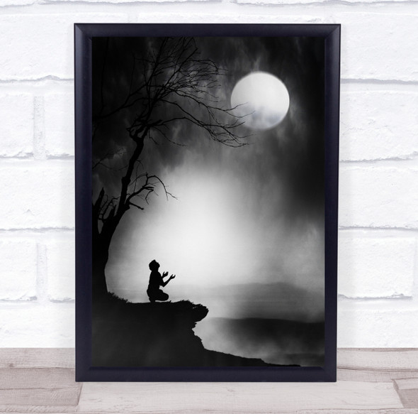 Silhouette Mood Prayer Boy Moon Dark Creative Edit Graphic Pray Wall Art Print