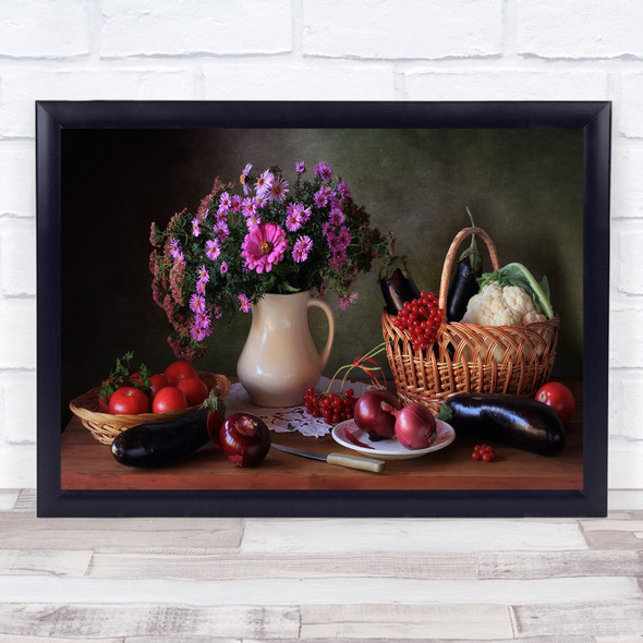 Still Life Bouquet Flowers Decor Indoor Berries Vegetable Still Wall Art Print