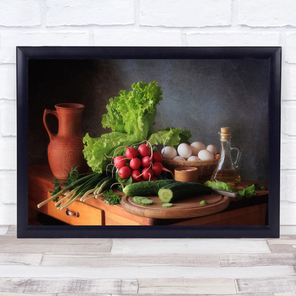 Still Life Kitchen Rustic Cucumber Vegetable Food Basket Bottle Wall Art Print