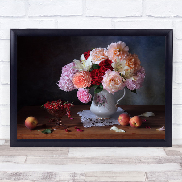 Bouquet Roses Flowers Peach Still Life Rose Fruit Flower Flora Wall Art Print