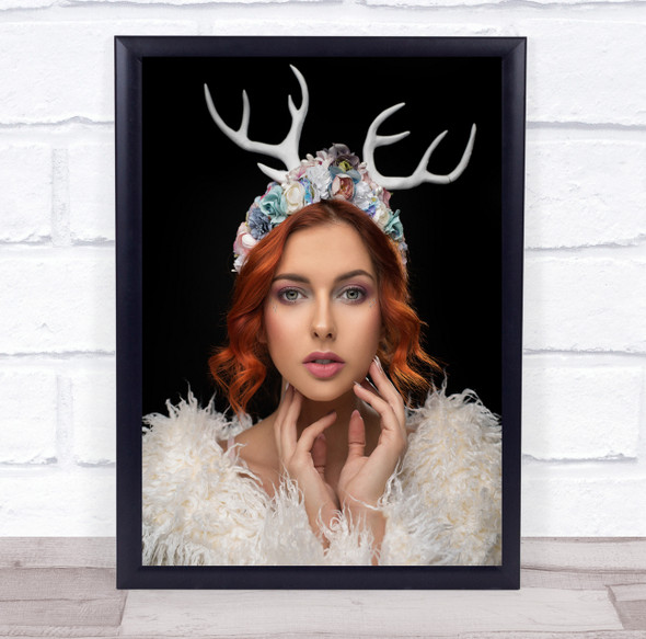 Fashion Portrait Antler Antlers Model Face Red Hair Hat Beauty Wall Art Print