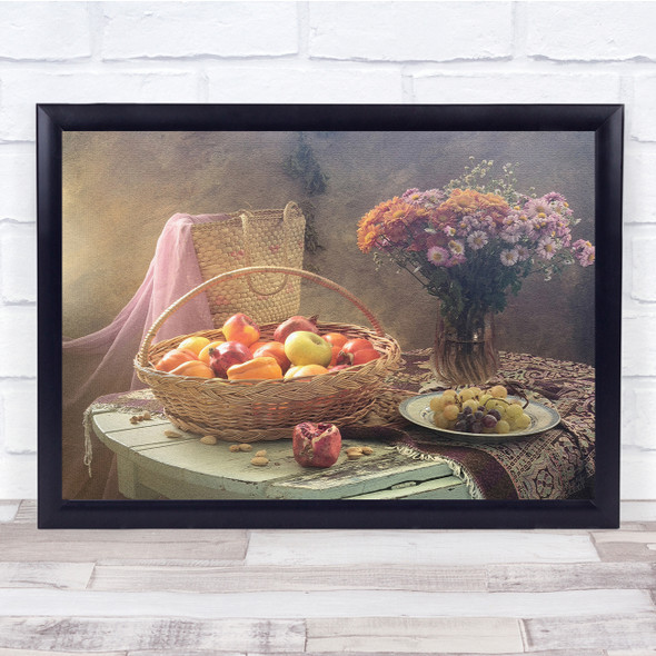 Food Fruit basket Pomegranate Grapes Fruits Flowers Vase Apple Wall Art Print