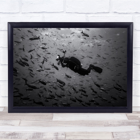 Ingredients In The Fish Soup scuba diver Sealife Black & White Wall Art Print