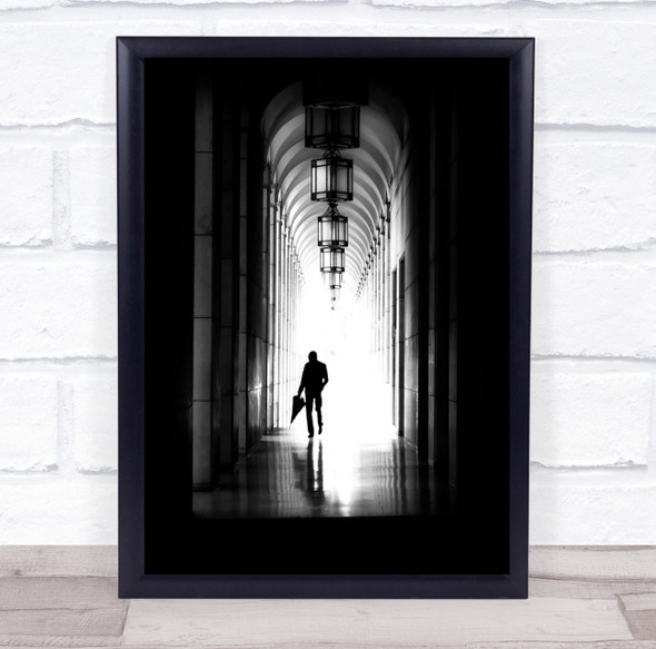 Lisboa National Bank Street Portugal archway man with umbrella Wall Art Print