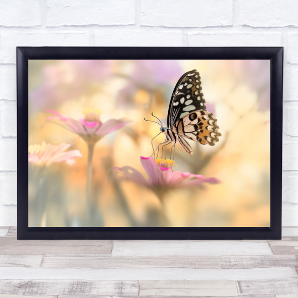 Macro Butterfly Flowers Bright Soft Pastel Colour Flower Bokeh Wall Art Print